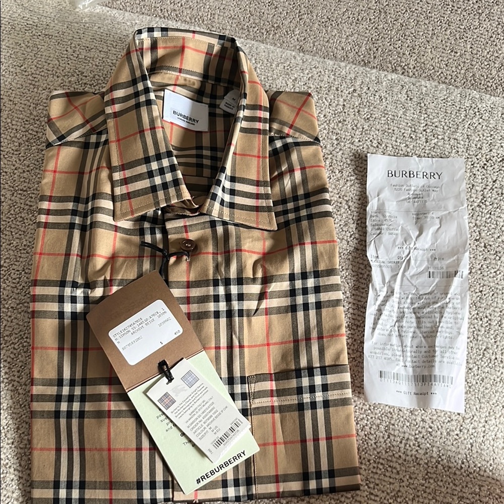 Burberry Tan Casual Button Down Shirt Iconic Check Pattern